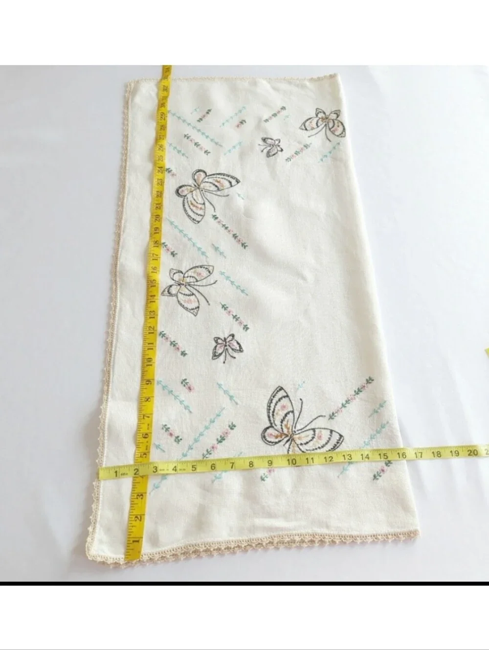 Vintage Handmade Table Covered w Embroidered Butterflies & Flowers 33
